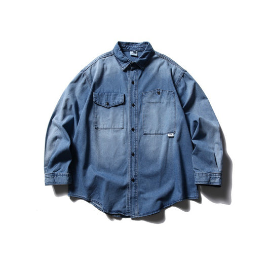 Washed gradient workwear denim loose casual shirt