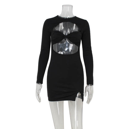 Sexy hollowed out round neck long sleeved slit spicy girl dress for women
