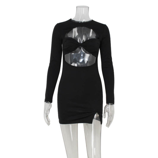 Sexy hollowed out round neck long sleeved slit spicy girl dress for women