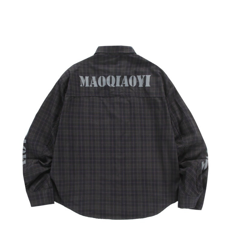 Silhouette plaid long sleeved men's and women's letter printed shirt