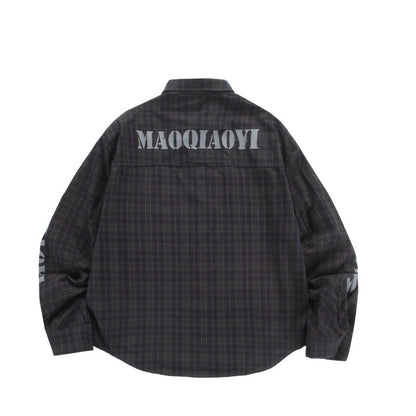 Silhouette plaid long sleeved men's and women's letter printed shirt
