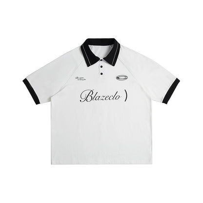 Letter print loose contrasting collar short sleeved polo shirt for men