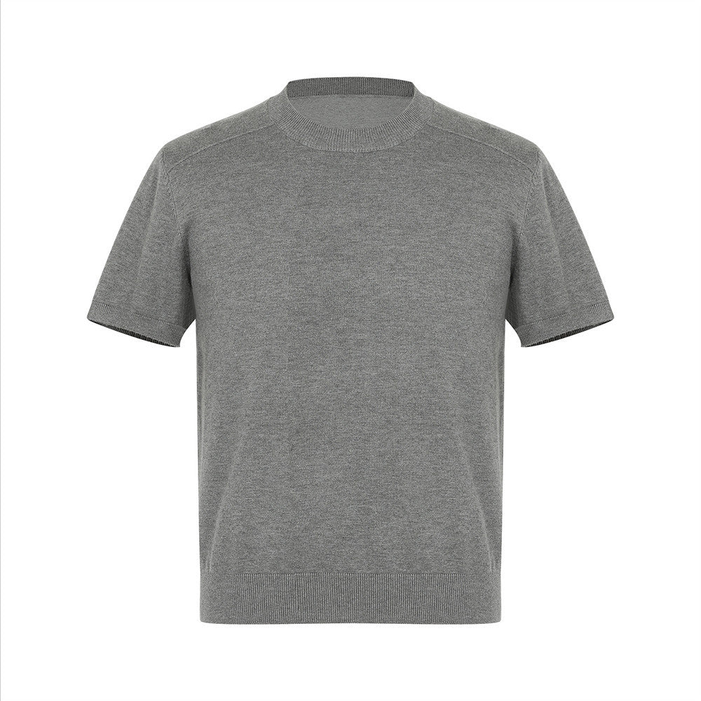 Regular Shoulder Knit Short Sleeve T-Shirt Men's Simple Solid Color Versatile Fitted Crew Neck Inner Layer Base Shirt INS Trendy Brand