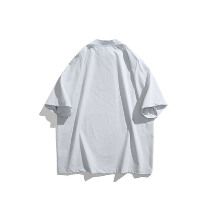 Splicing mesh letter printed stand up collar short sleeved men's loose T-shirt