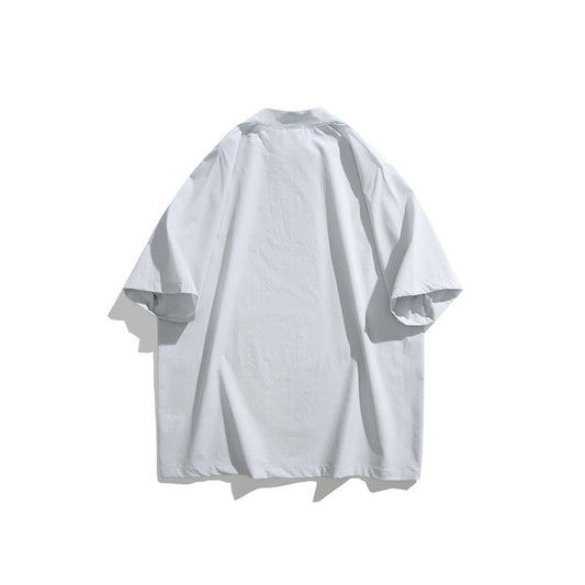 Splicing mesh letter printed stand up collar short sleeved men's loose T-shirt