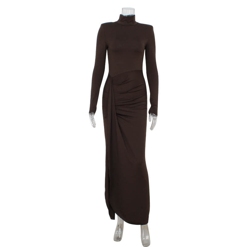 High neck long sleeved slim fit and slimming slit dress