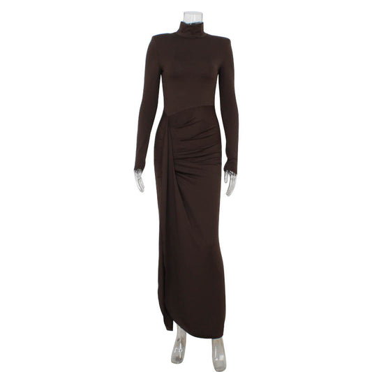 High neck long sleeved slim fit and slimming slit dress