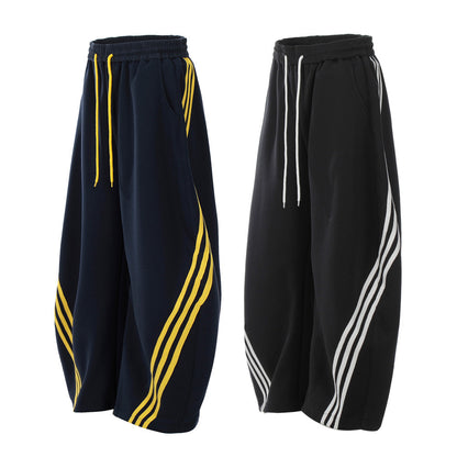 Color Block Three-Stripes Curved Knife Casual Pants Men's INS Trendy Design Sporty Loose Wide-Leg Long Pants