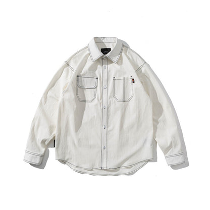 Color blocked bright thread long sleeved loose shirt