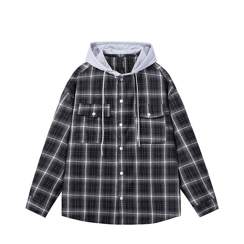 Striped checkered cardigan fake two hooded men's and women's shirts