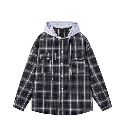 Striped checkered cardigan fake two hooded men's and women's shirts