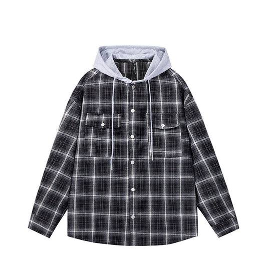 Striped checkered cardigan fake two hooded men's and women's shirts
