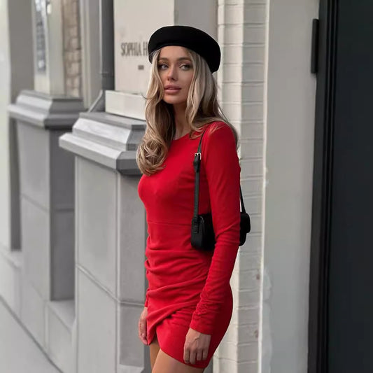 Long sleeved round neck slim fit and sexy hip hugging dress for women