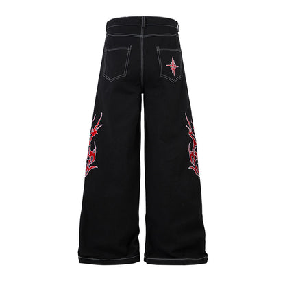 Sense Thorns Embroidery Pattern Wide Leg Denim Trousers Men's Niche Hip Hop Trendy Flared Loose Floor-Length Pants
