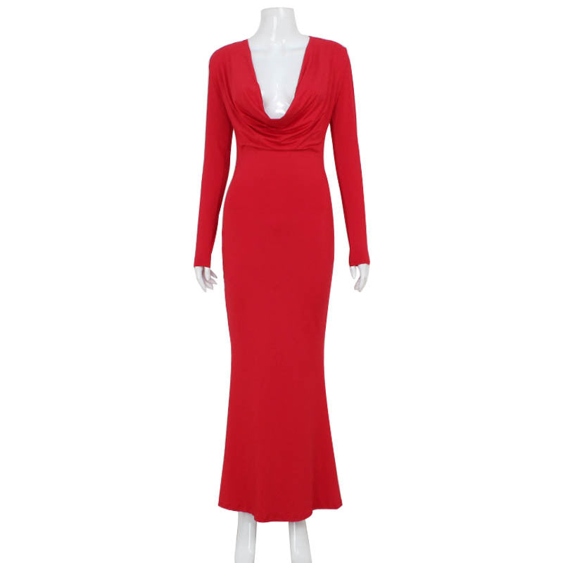 Sexy V-neck long sleeved hollowed out slim fit dress with wrapped buttocks