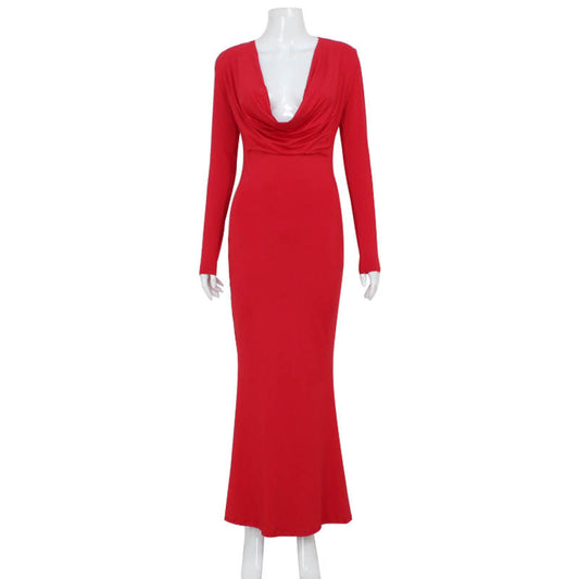 Sexy V-neck long sleeved hollowed out slim fit dress with wrapped buttocks