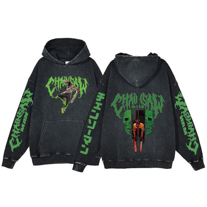 American retro washed hoodie for men and women, hip-hop chain sawman anime, dark hoodie, distressed hoodie
