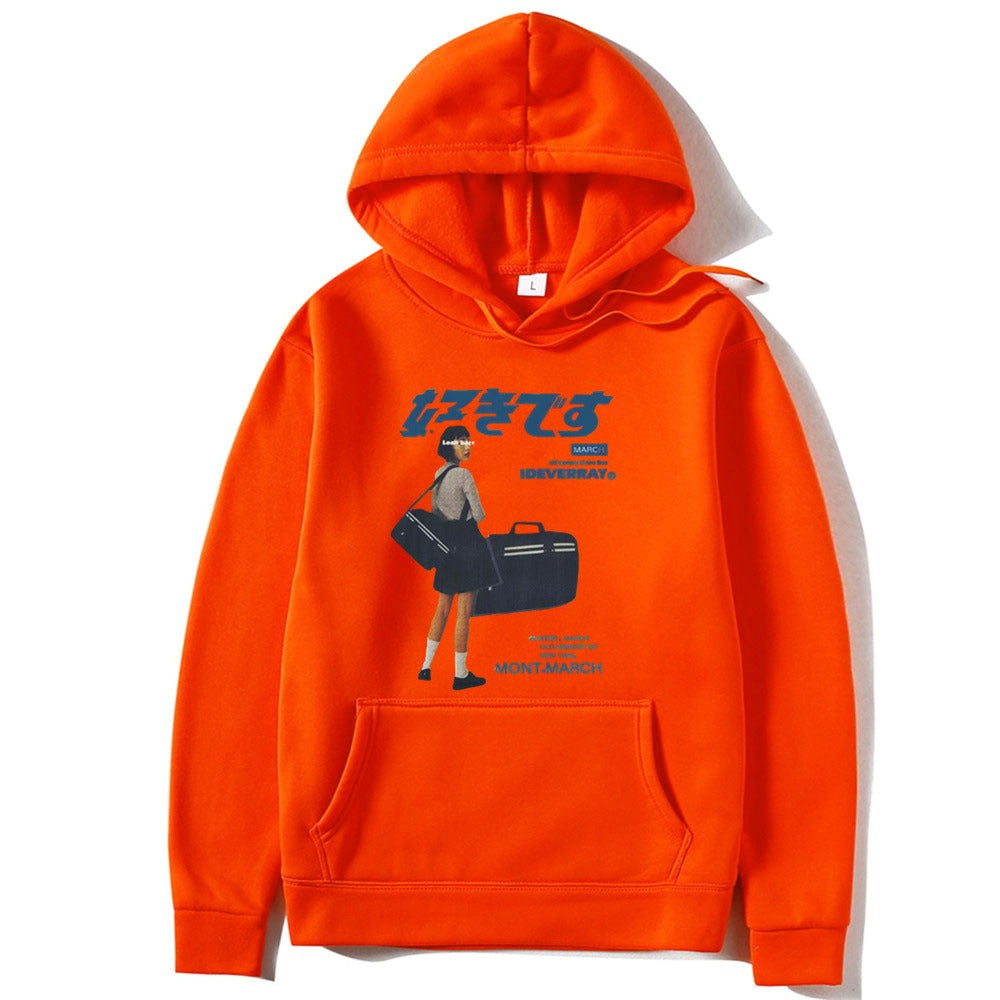 Japanese character printed casual hoodie for men and women, loose couple hooded hoodie