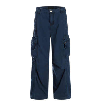 Punk High Street Work Pants Men Vibe Pleated Design Sense Three-Dimensional Pockets Washed Loose Straight Leg Long Pants