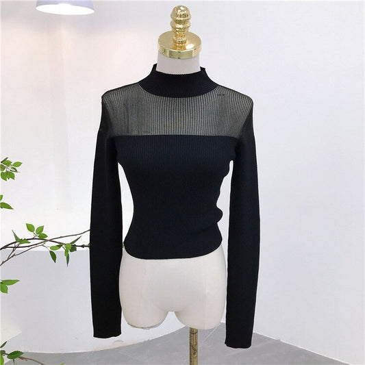GetSpring Women T Shirt Full Sleeves Stand Collar Organza Perspective Black Tshirt Sexy Bottoming Short Black Tee Shirt Spring