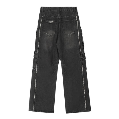 Functional Multi-Pocket Workwear Jeans Men's Trendy Punk Washed Distressed Unique Loose Straight Wide-Leg Long Pants