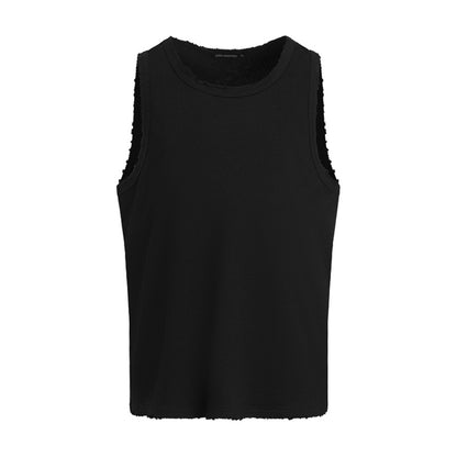Summer Men's Vest Ripped Loose Casual Sports INS Trend Pure Color Versatile Round Neck Sleeveless T-Shirt American Style