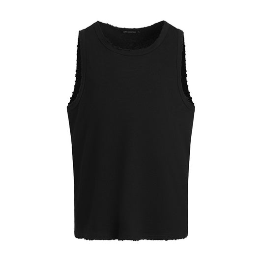 Summer Men's Vest Ripped Loose Casual Sports INS Trend Pure Color Versatile Round Neck Sleeveless T-Shirt American Style
