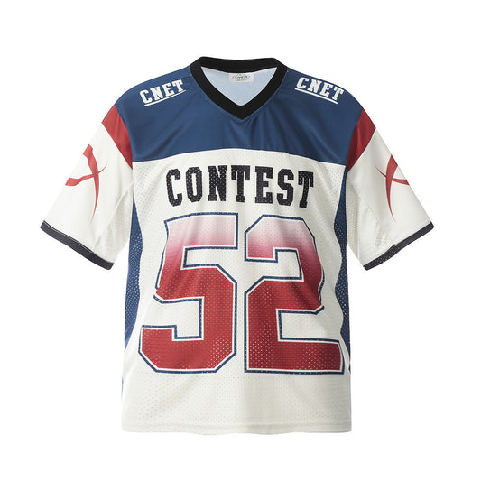 Sports Ball Jersey Men's Short Sleeve T-Shirt Summer Color Block Breathable Mesh Loose V-Neck 52 Digital Print Top Trendy