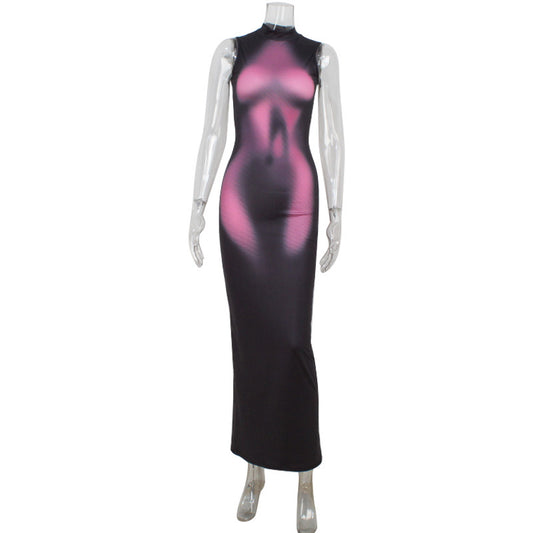 Elegant sleeveless round neck printed slim fit dress