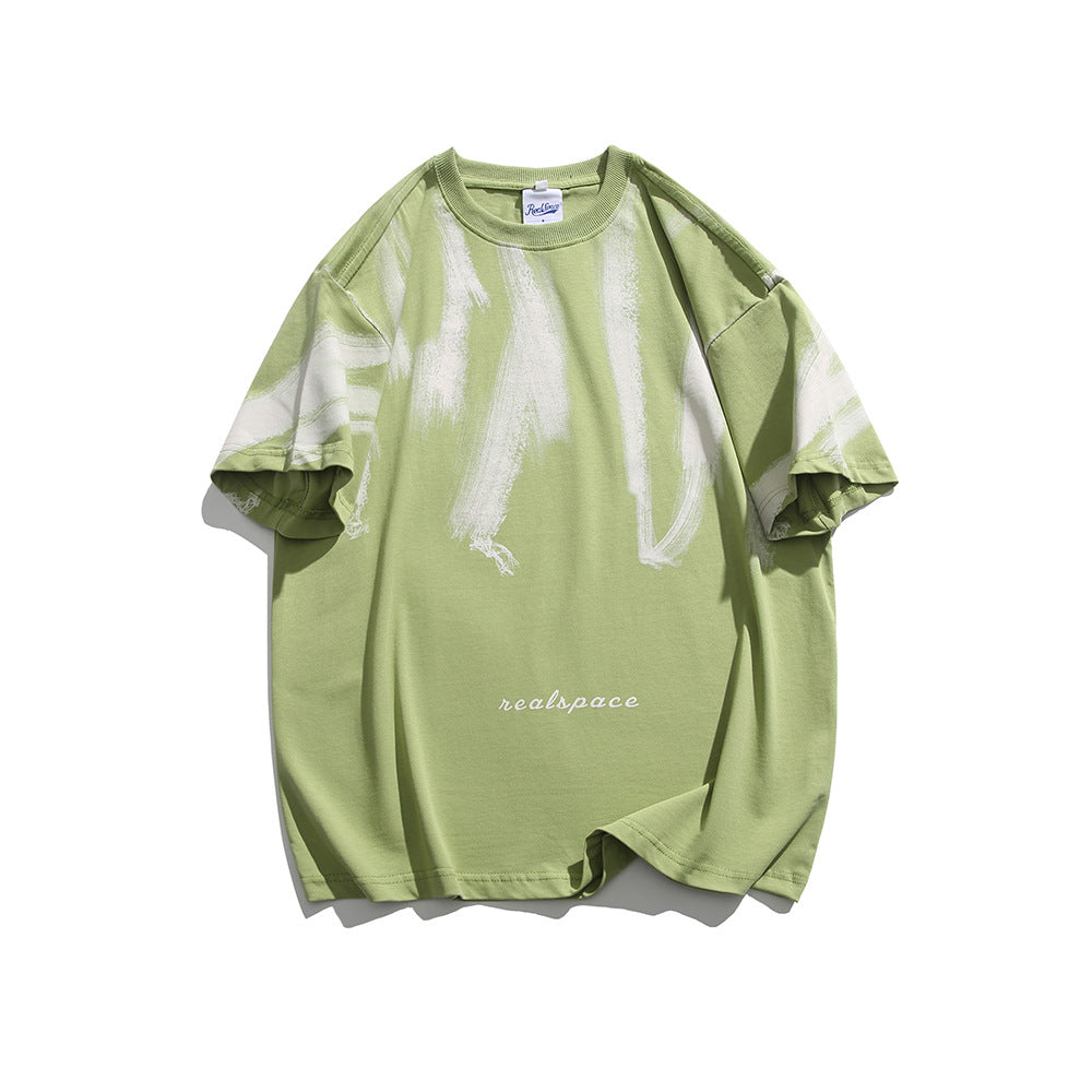 Color blocking street tie dye letter printed T-shirt for men and women
