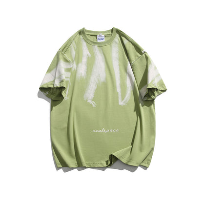 Color blocking street tie dye letter printed T-shirt for men and women