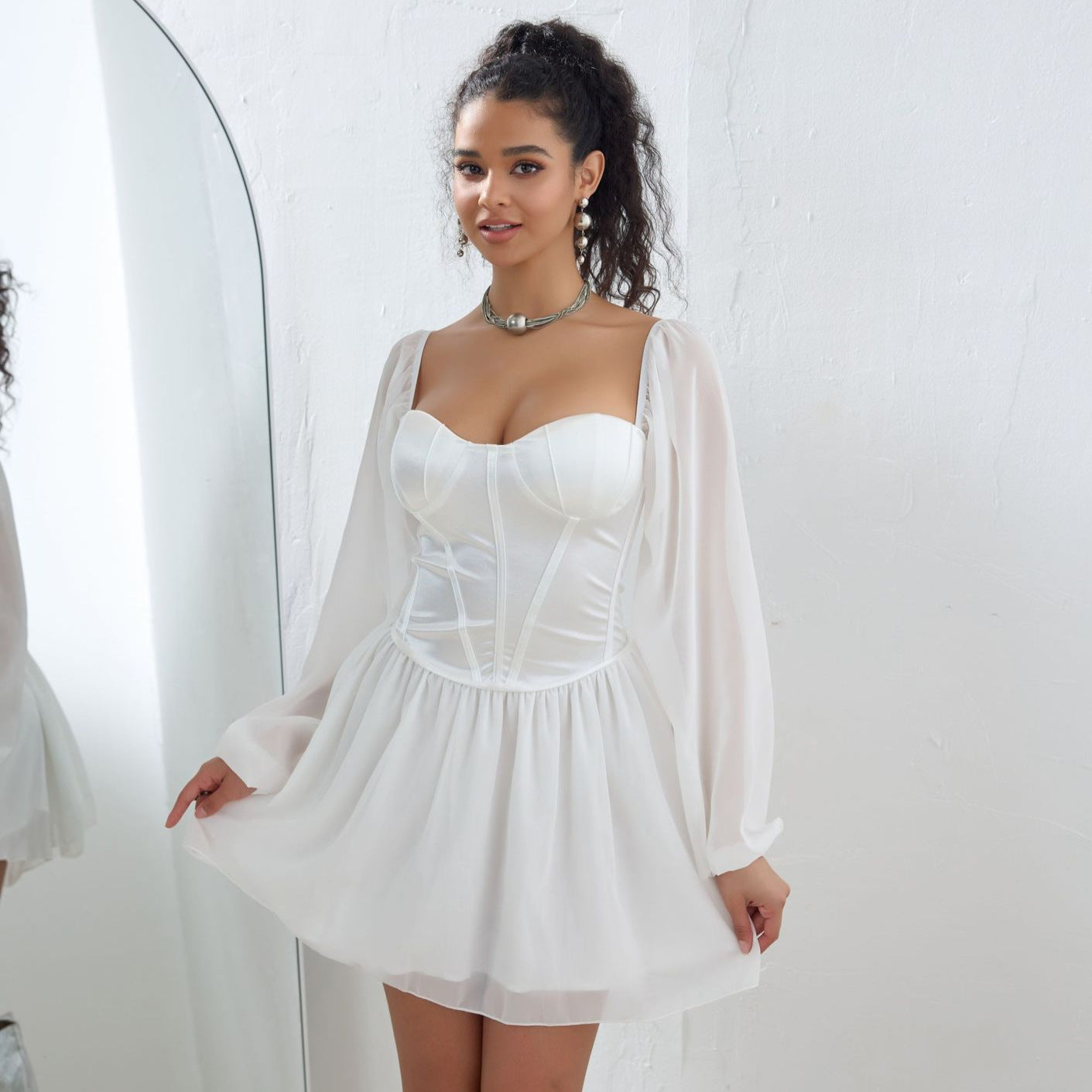 Women's Dress New Arrival Strapless Square Neck Mesh Splicing Satin High Waist A-Line Dress