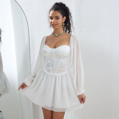 Women's Dress New Arrival Strapless Square Neck Mesh Splicing Satin High Waist A-Line Dress