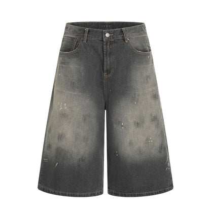 Punk Faded Washed Denim Shorts Men's Straight Leg Summer Ink Splatter Wide-Leg Five-Point Pants Trendy