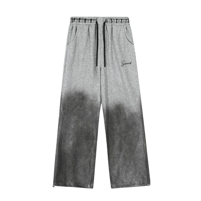 Gradient Color Block Casual Pants Hip Hop Distressed Embroidered Sweatpants Men's Loose Straight Drawstring Long Pants