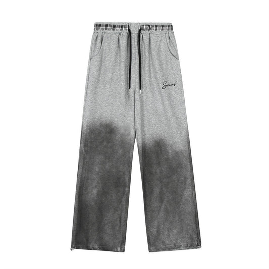 Gradient Color Block Casual Pants Hip Hop Distressed Embroidered Sweatpants Men's Loose Straight Drawstring Long Pants
