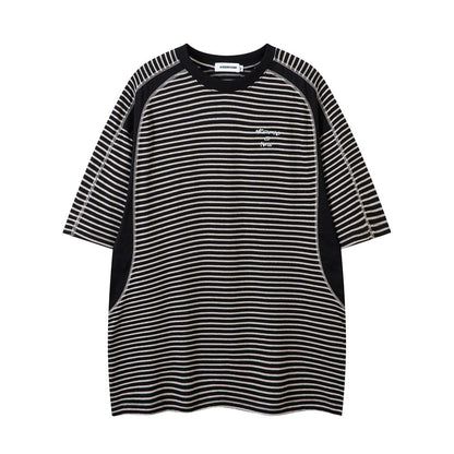 Spliced Deconstructed Color-Blocked Striped Short-Sleeved T-Shirt Men's Loose Street Trend Casual Round Neck Half-Sleeve Top