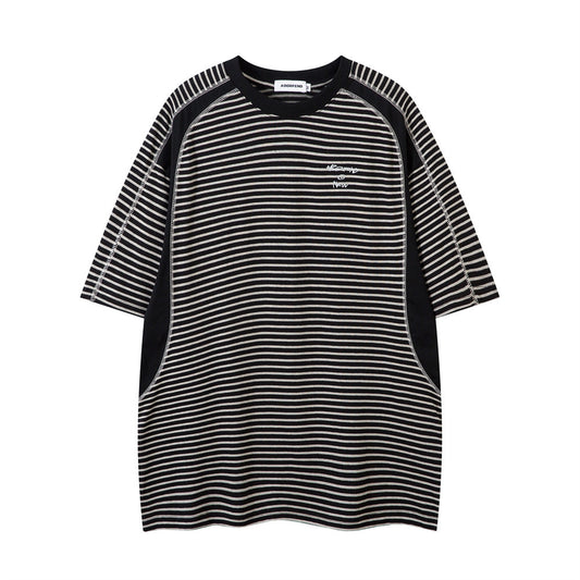 Spliced Deconstructed Color-Blocked Striped Short-Sleeved T-Shirt Men's Loose Street Trend Casual Round Neck Half-Sleeve Top