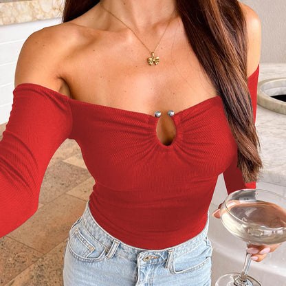 One shoulder metal buckle pleated slim fit long sleeved T-shirt
