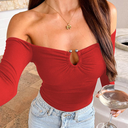 One shoulder metal buckle pleated slim fit long sleeved T-shirt