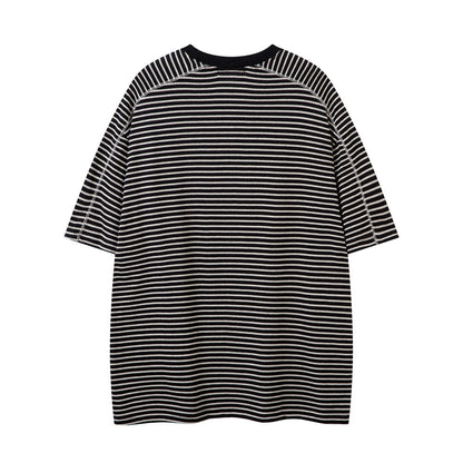 Spliced Deconstructed Color-Blocked Striped Short-Sleeved T-Shirt Men's Loose Street Trend Casual Round Neck Half-Sleeve Top