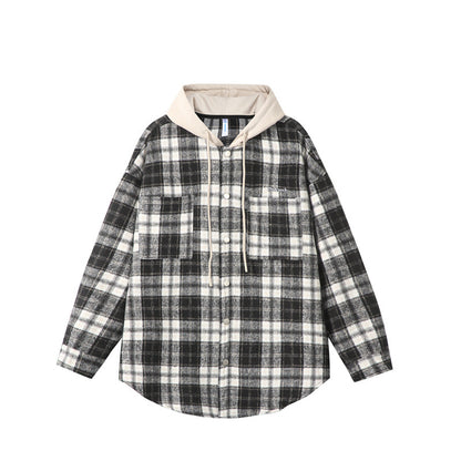 Fake two checkered hooded men's shirts