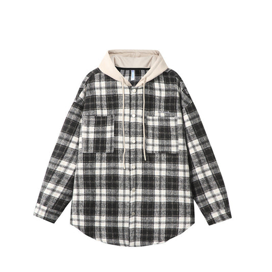 Fake two checkered hooded men's shirts