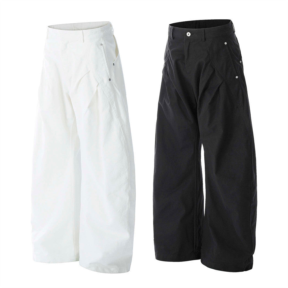 Loose Wide-Leg Scissors Pants Men's Long Pants Vibe Trendy Pleated Pockets Reverse Installation Design Solid Color Versatile Banana Pants