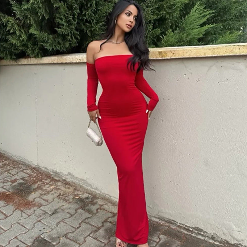 Sexy strapless sleeveless slim slit off off shoulder dress with an open shoulder style