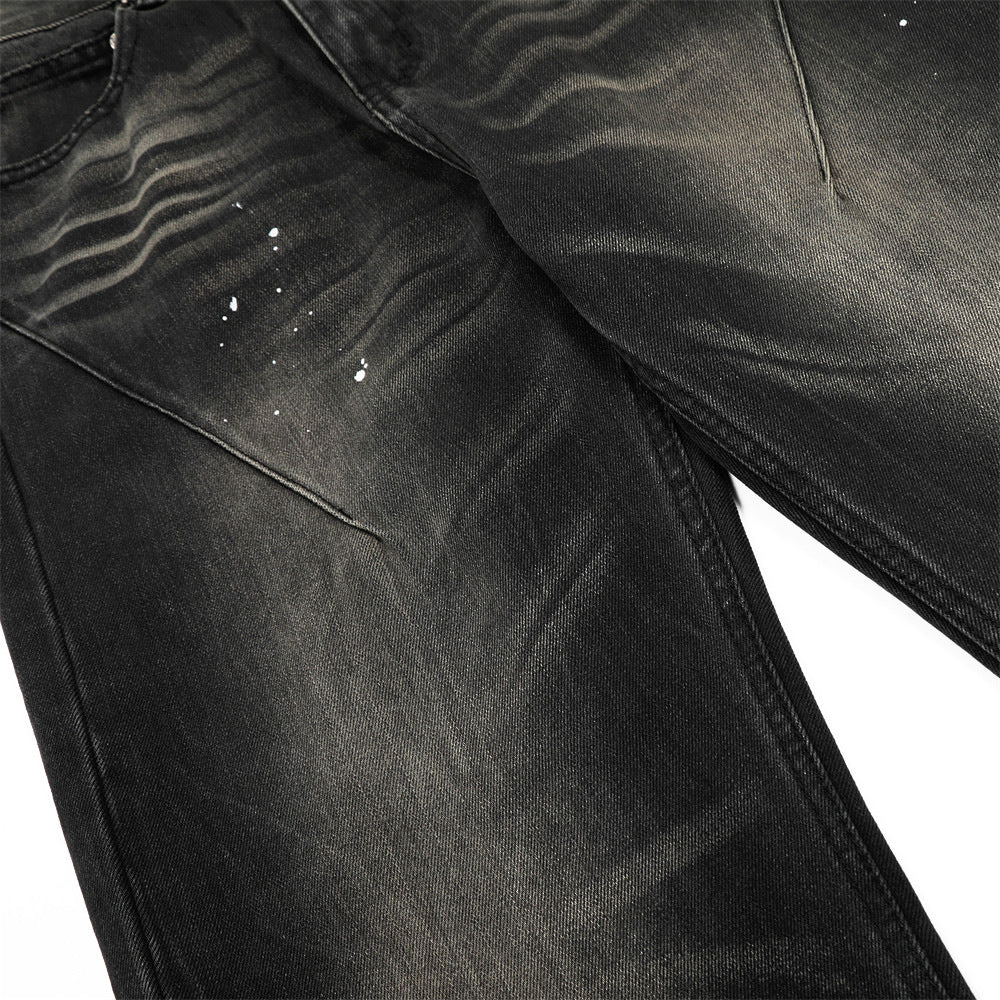 Vintage Washed Distressed Loose Fit Denim Trousers with Ripple Splash Ink Design Wide Leg Straight Pants for Men