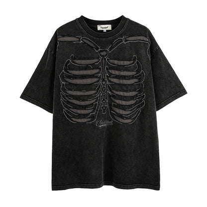 Hollow-out Skull Skeleton Short Sleeve T-Shirt Men's High Street Small Batch Vintage Washed Half Sleeve Top Summer