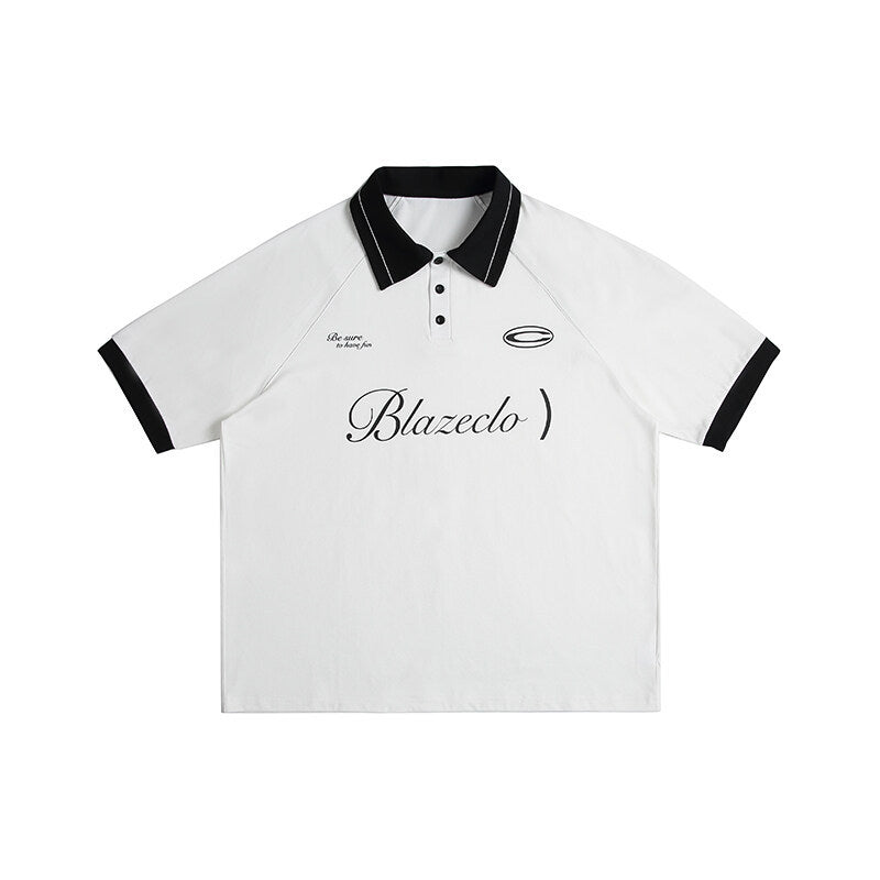 Letter print loose contrasting collar short sleeved polo shirt for men