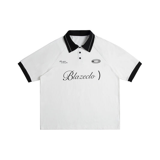 Letter print loose contrasting collar short sleeved polo shirt for men