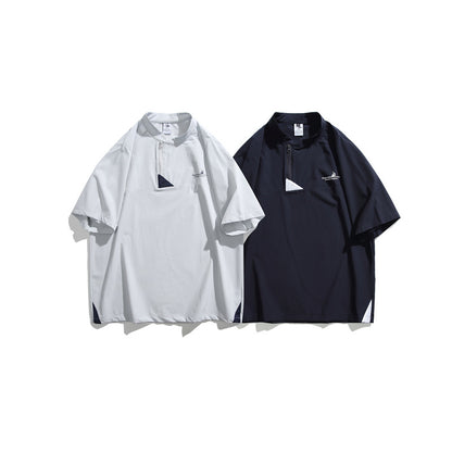 Splicing mesh letter printed stand up collar short sleeved men's loose T-shirt